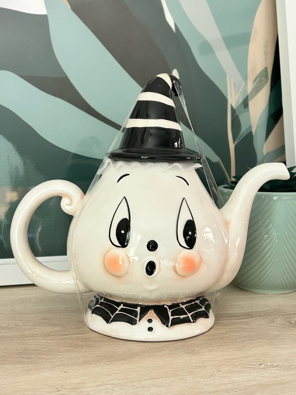 Johanna Parker Halloween Ghost Ceramic Teapot Striped Witch Hat Lid Spiderweb